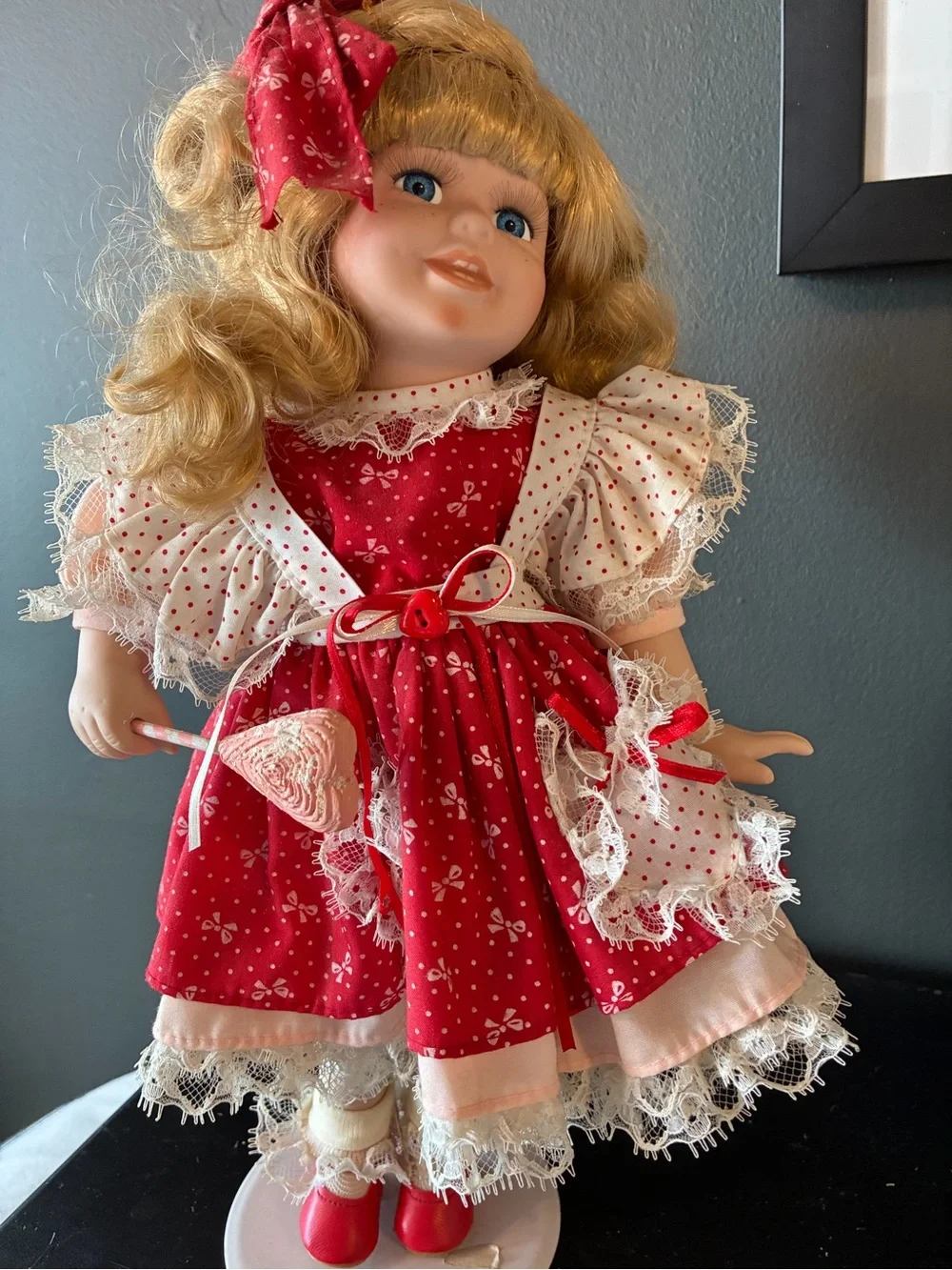 Vintage Red Polka-Trim Girl porcelain Doll with Blonde Hair